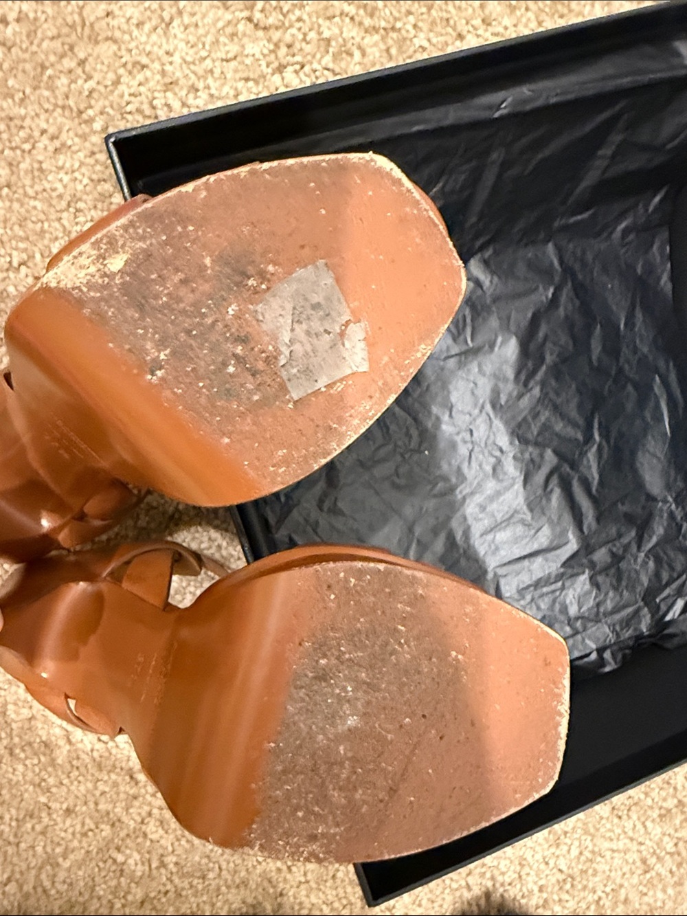 Saint Laurent Tribute 105 Camel Leather Platform Sandals Heels 37.5 Full Set - Picture 12 of 13